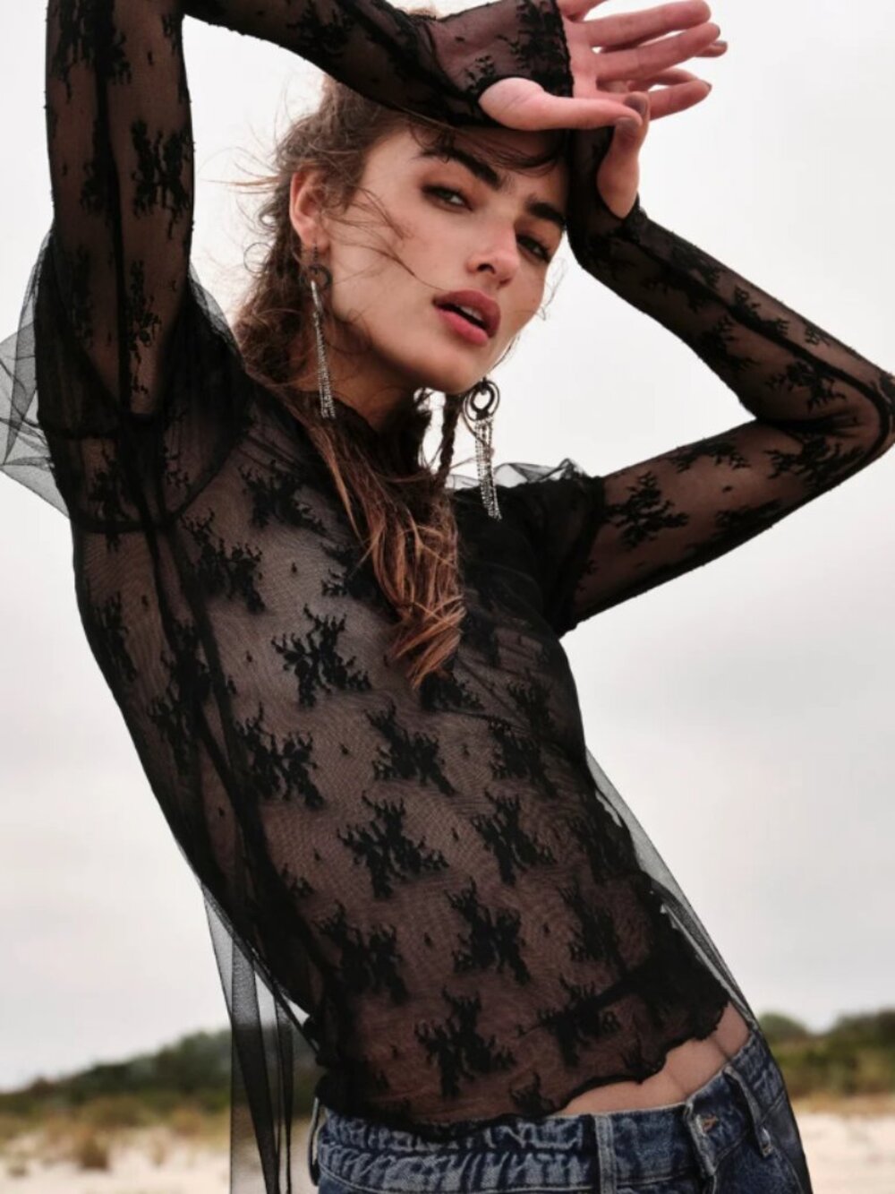 Free People Lady Lux Layering Top Lace Long Sleeve Black XS